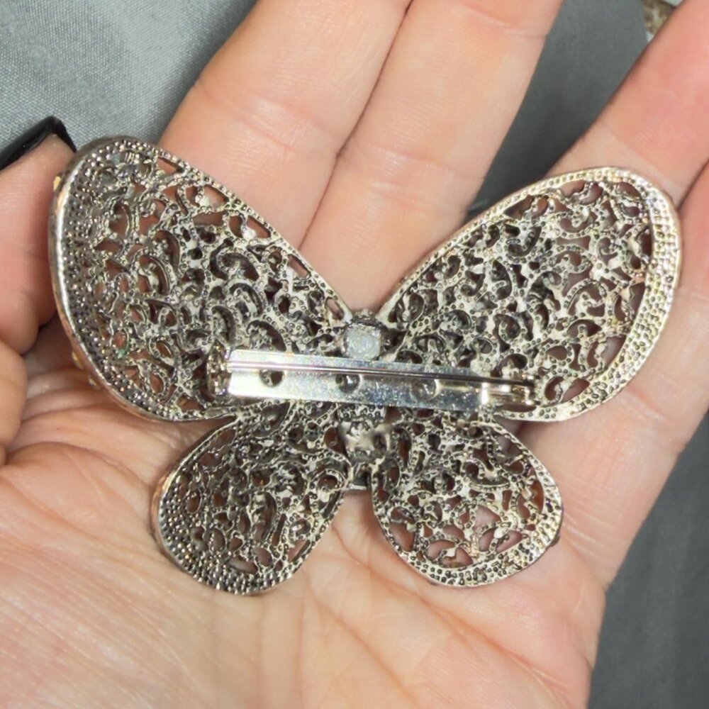 Butterfly Brooch Blue Rhinestone Filigree Crystal Pin Large Statement 3” - Picture 5 of 10
